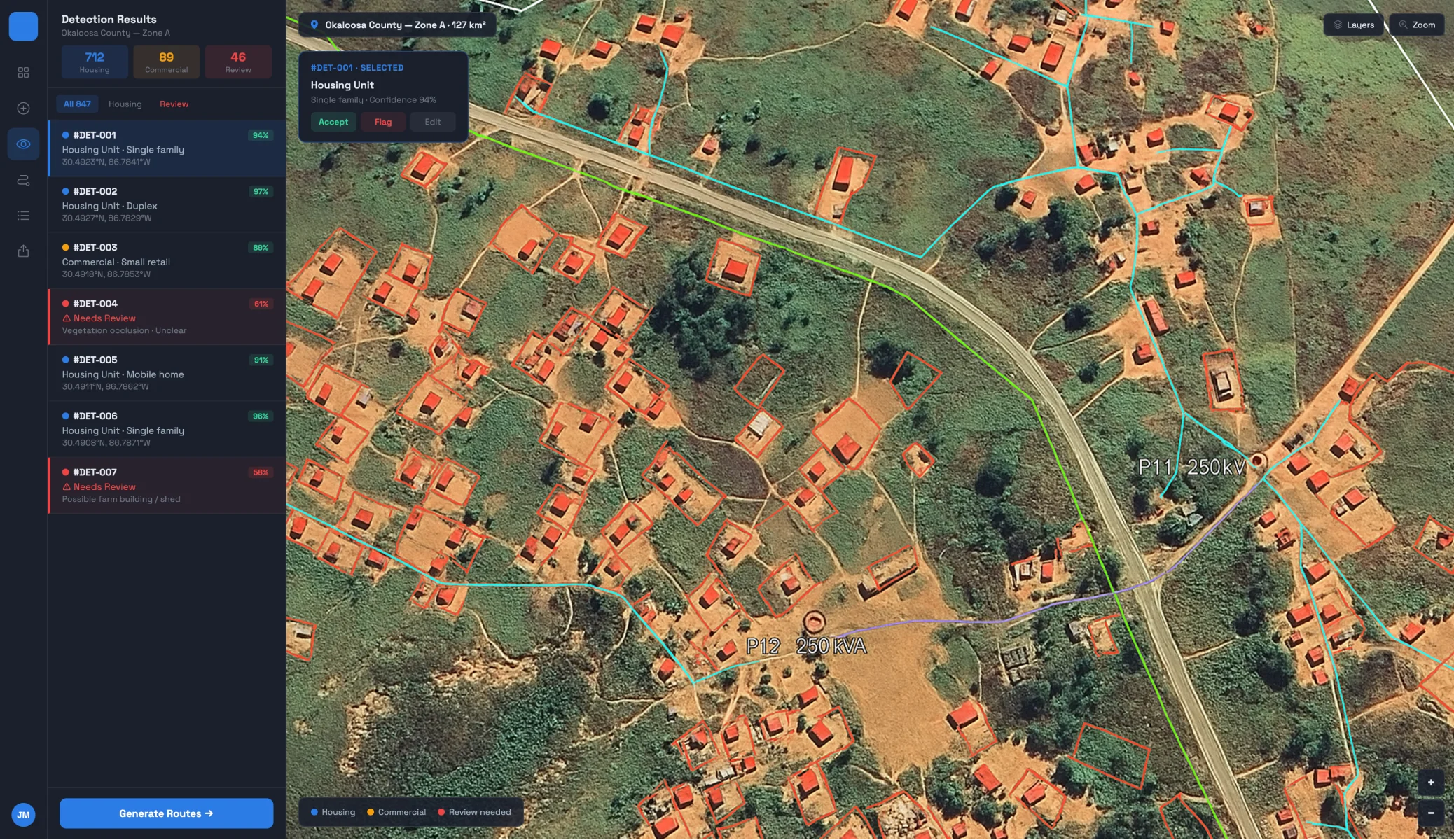 Satellite imagery with detected housing and commercial units