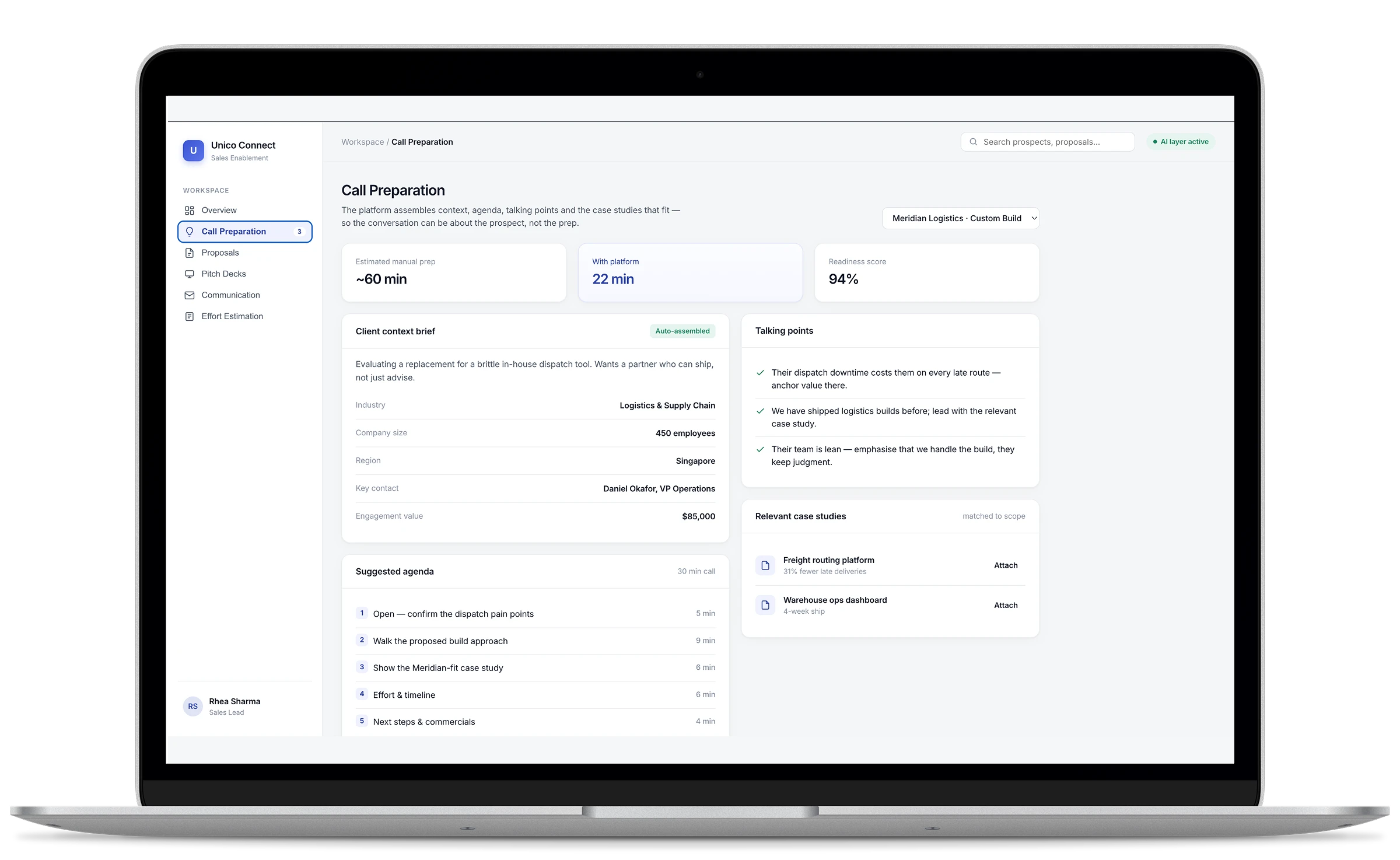Unico Connect sales enablement — auto-assembled call preparation workspace