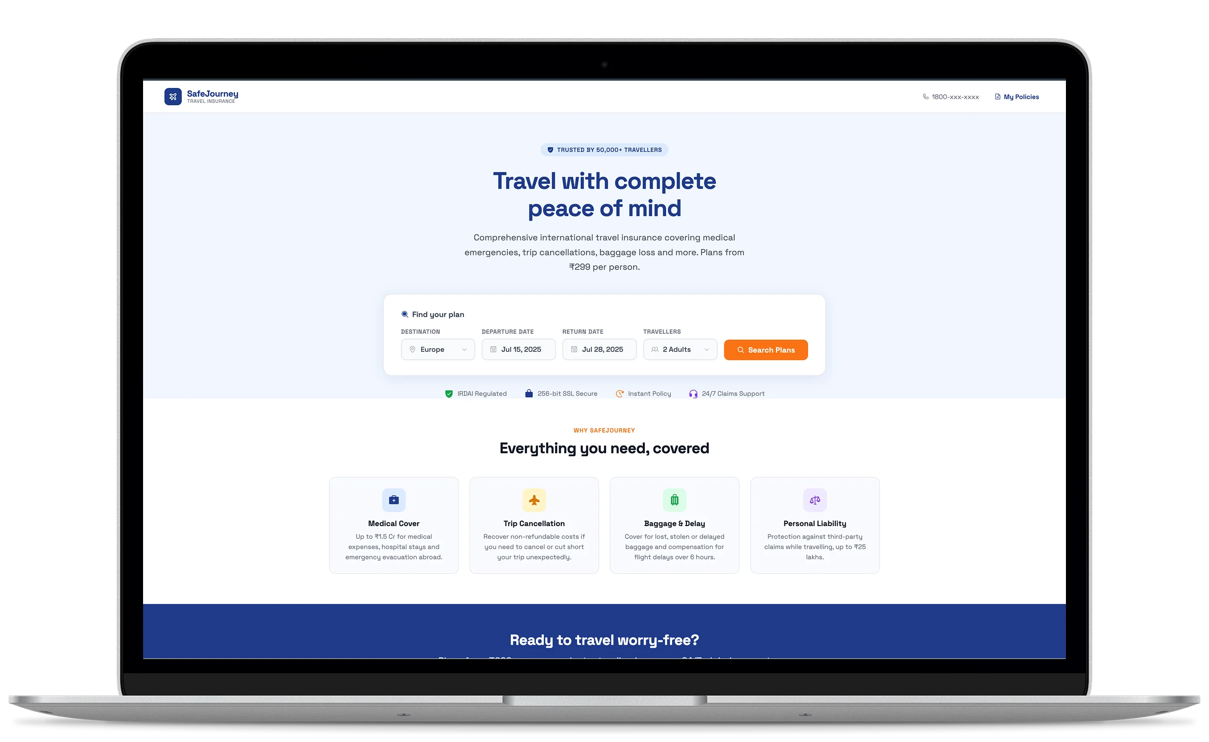 White-label travel insurance microsite on desktop