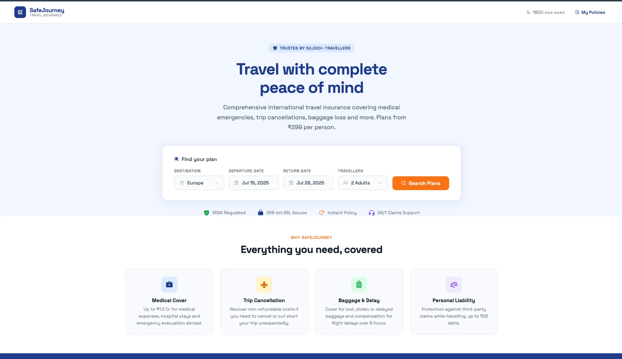 Branded travel insurance landing page with the plan-search input flow