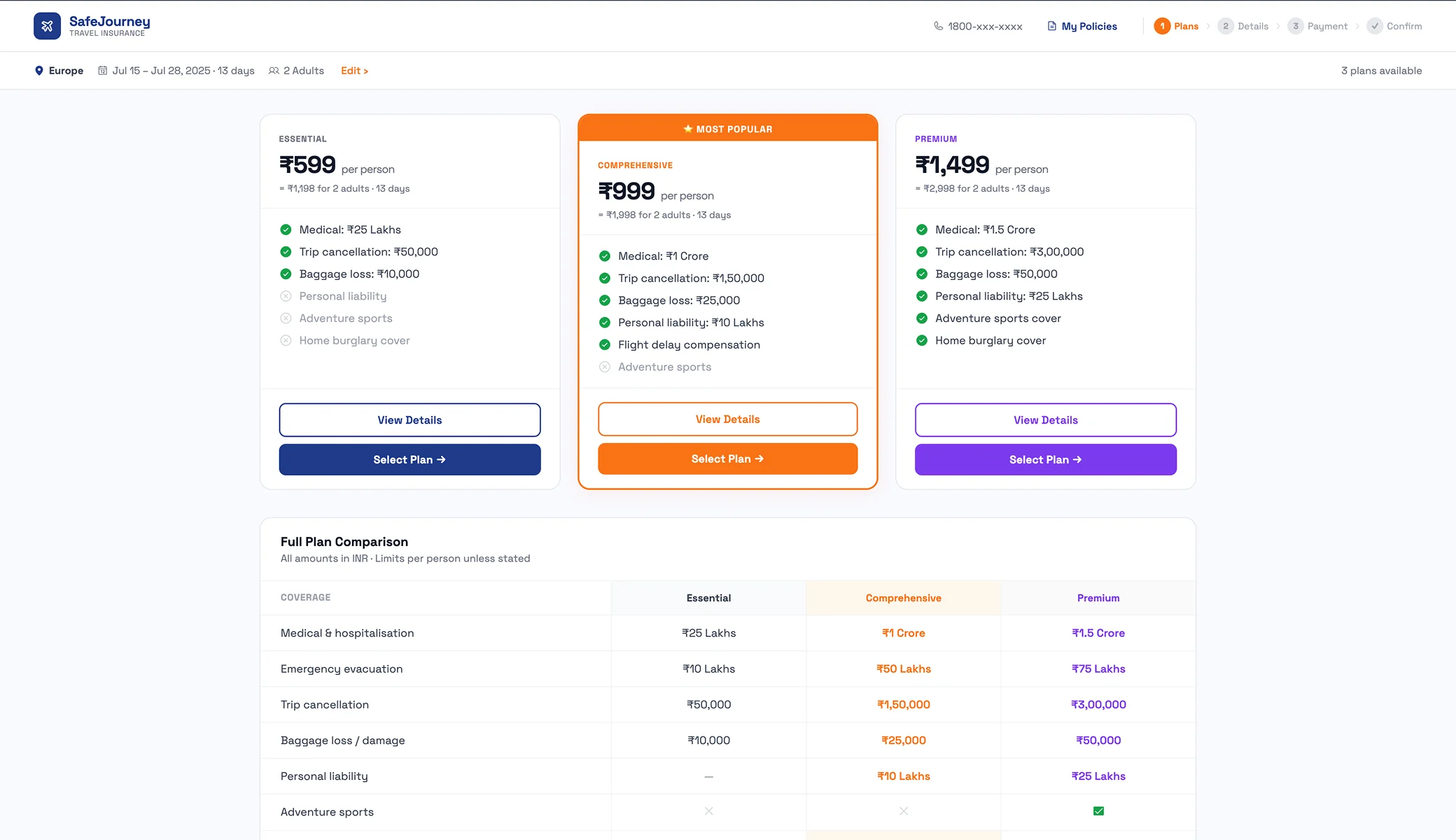 Travel insurance plan listing and full plan comparison