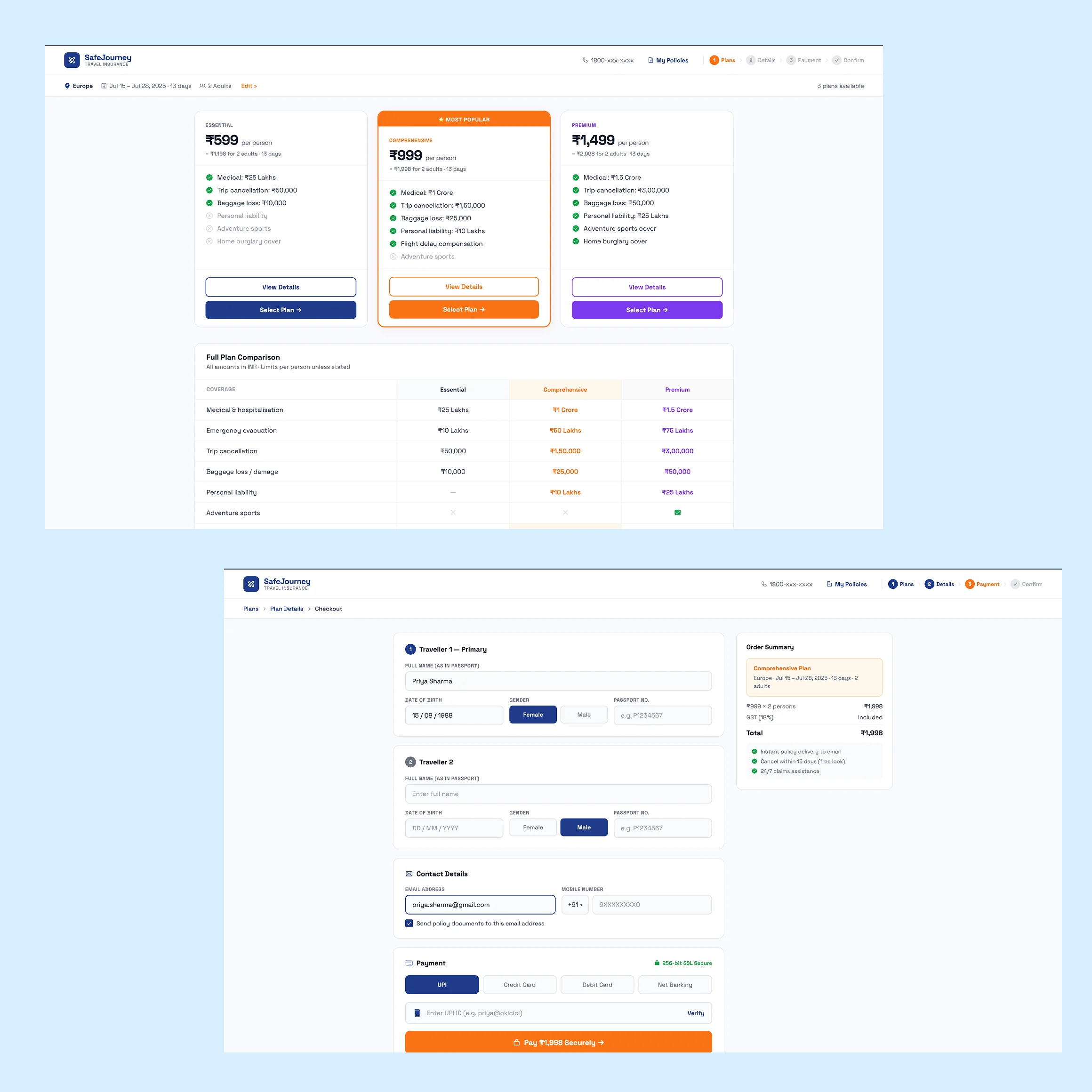 Travel insurance booking flow across plan listing and checkout