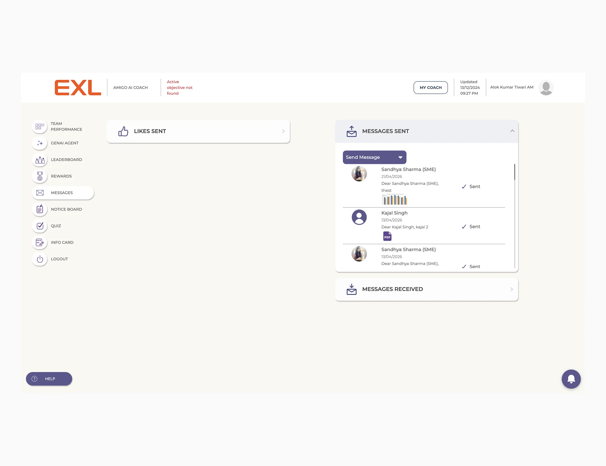Messages and nudges sent to team members