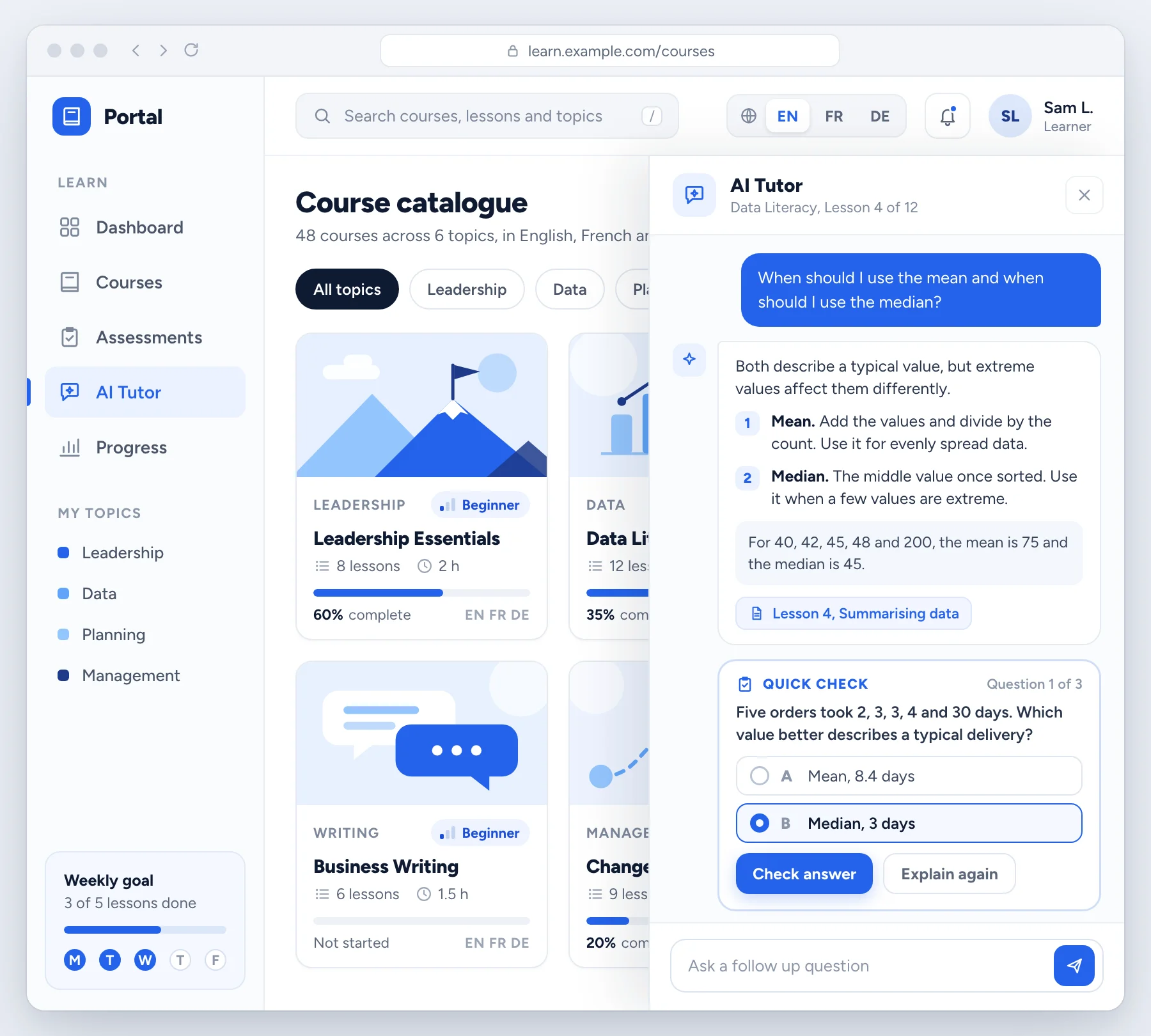 Sample AI tutor chat panel where a learner asks a question and receives a structured answer with a follow up quiz