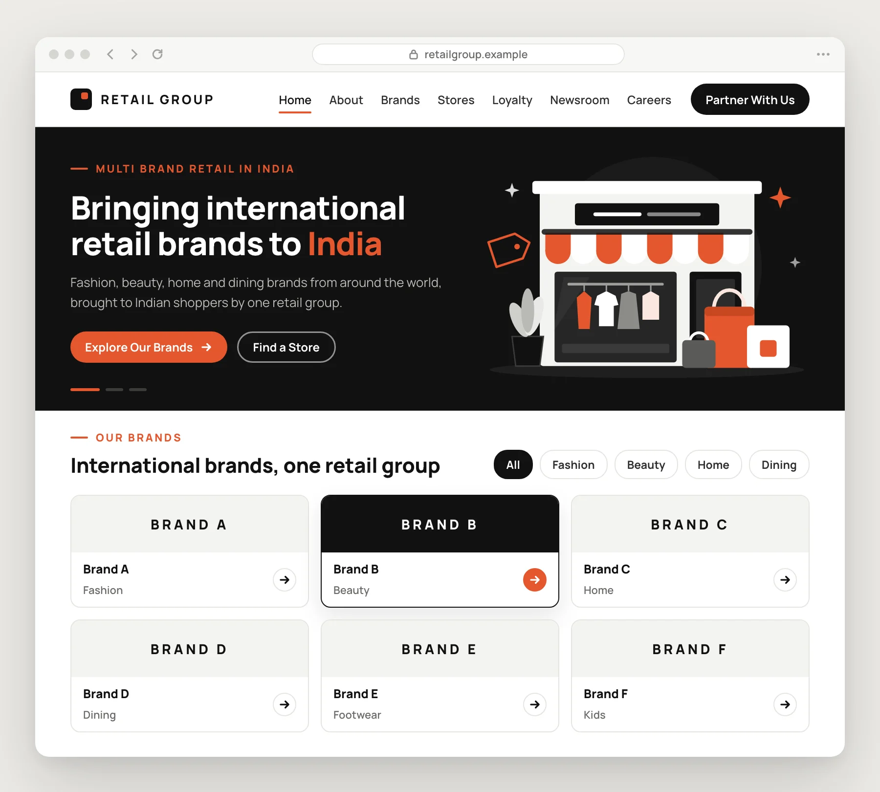 Sample corporate website homepage for a multi brand retail group, with a hero banner and six placeholder brand tiles