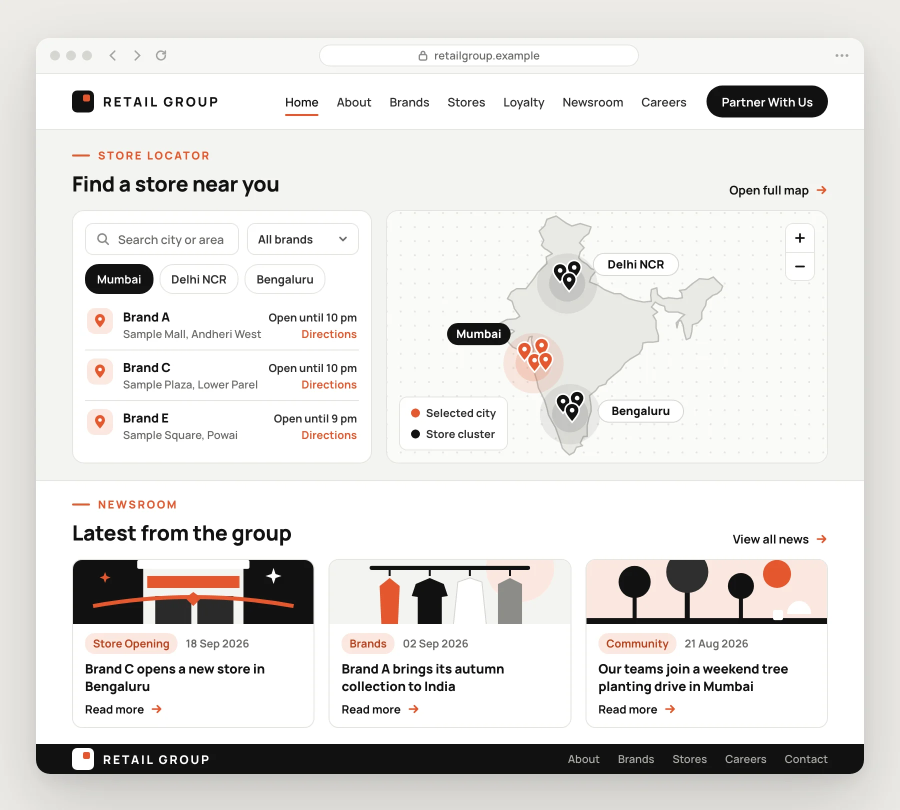 Sample store locator with an India map and store pins in Mumbai, Delhi and Bengaluru, above a news section with three article cards