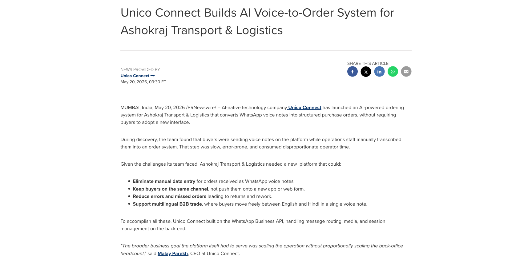 PR Newswire press release — Unico Connect AI voice-to-order system for Ashokraj Transport & Logistics